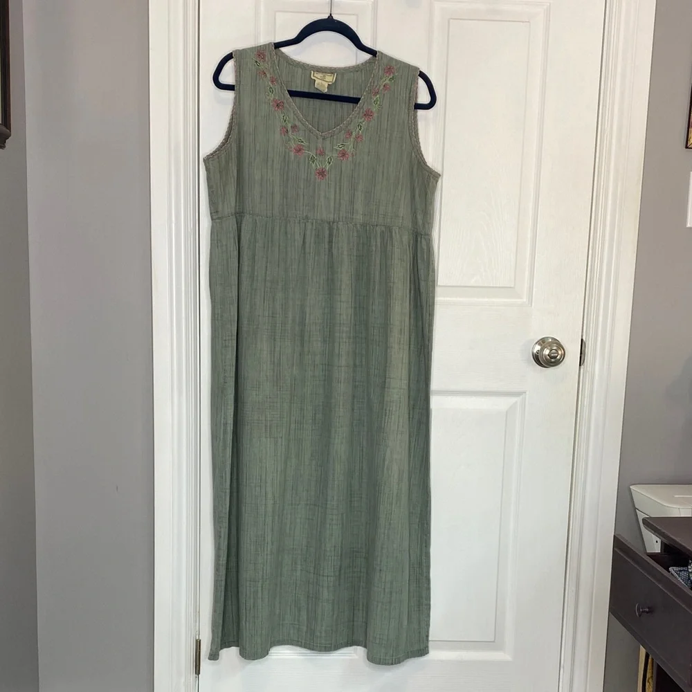 Vintage April Cornell Sage Cotton Embroidered Maxi Dress Cottagecore L - Picture 7 of 15